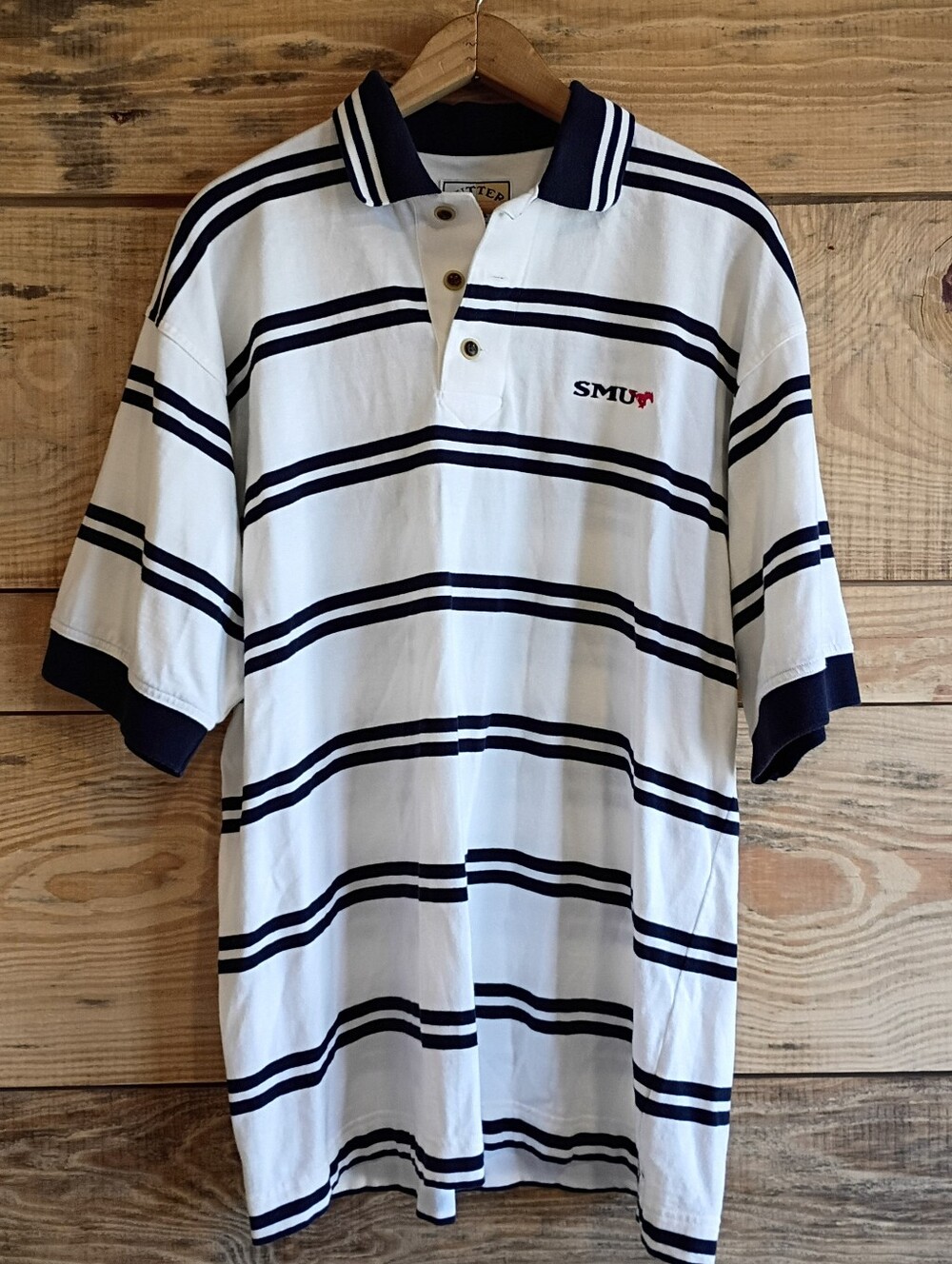 Vintage 90s Y2K Preppy Cutter & Buck SMU White Polo with Navy Stripes Golf